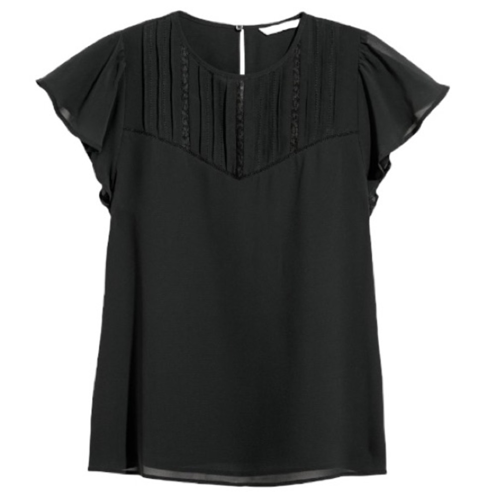 H&M Sheer Black Pintuck Pleated Lace Cap Sleeve Blouse Size 2 Whimsygoth